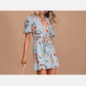 Finders Keepers Calypso Light Blue Fruit Print Puff Sleeve Mini Dress size XXS